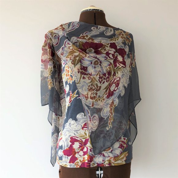 Grey Floral Printed Tank with Attached Silk Poncho - Picture 3 of 9